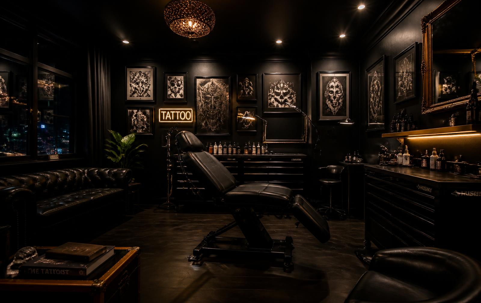 Interior of the dark, warmly lit Pavan Tattoo Studio