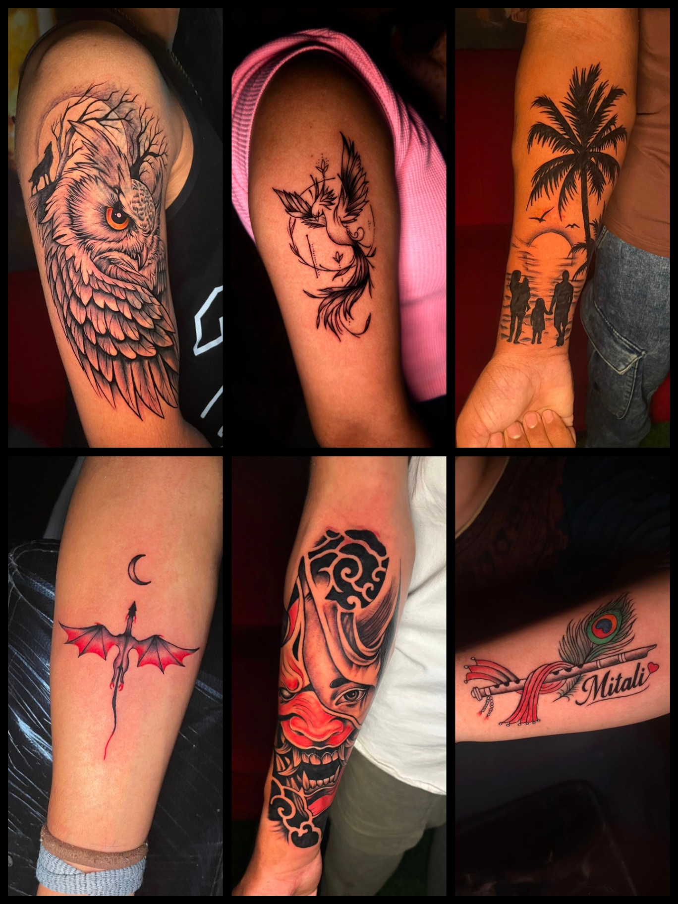 Owl, phoenix, palm-tree sunset, dragon and Japanese mask tattoos