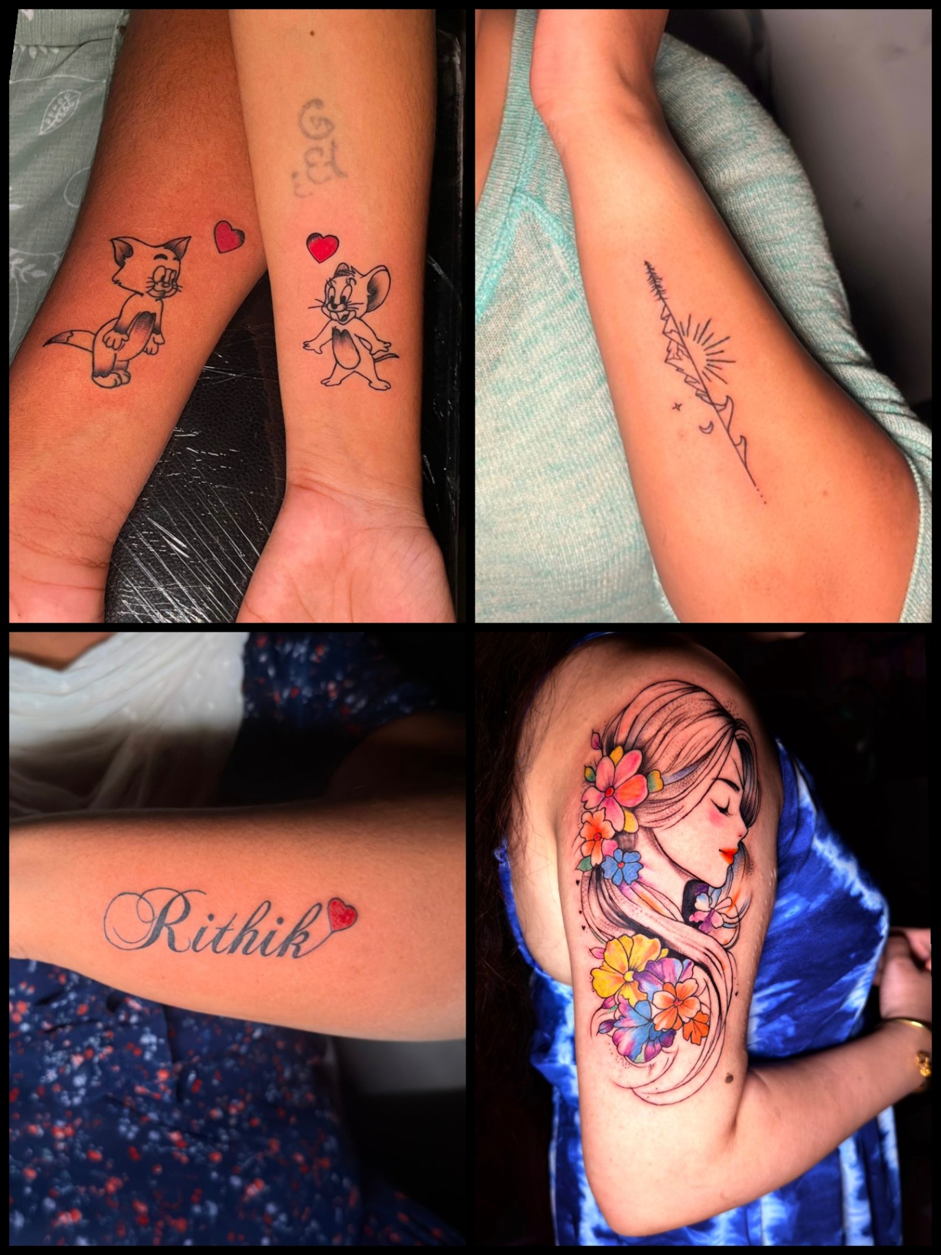 Matching cartoon tattoos, minimal line work, name script and colour portrait