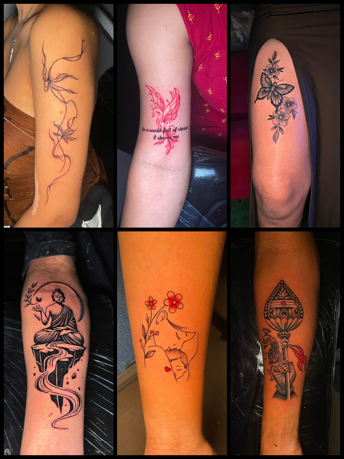 Floral vine, red phoenix, butterfly, Buddha, mother-and-child and lotus tattoos