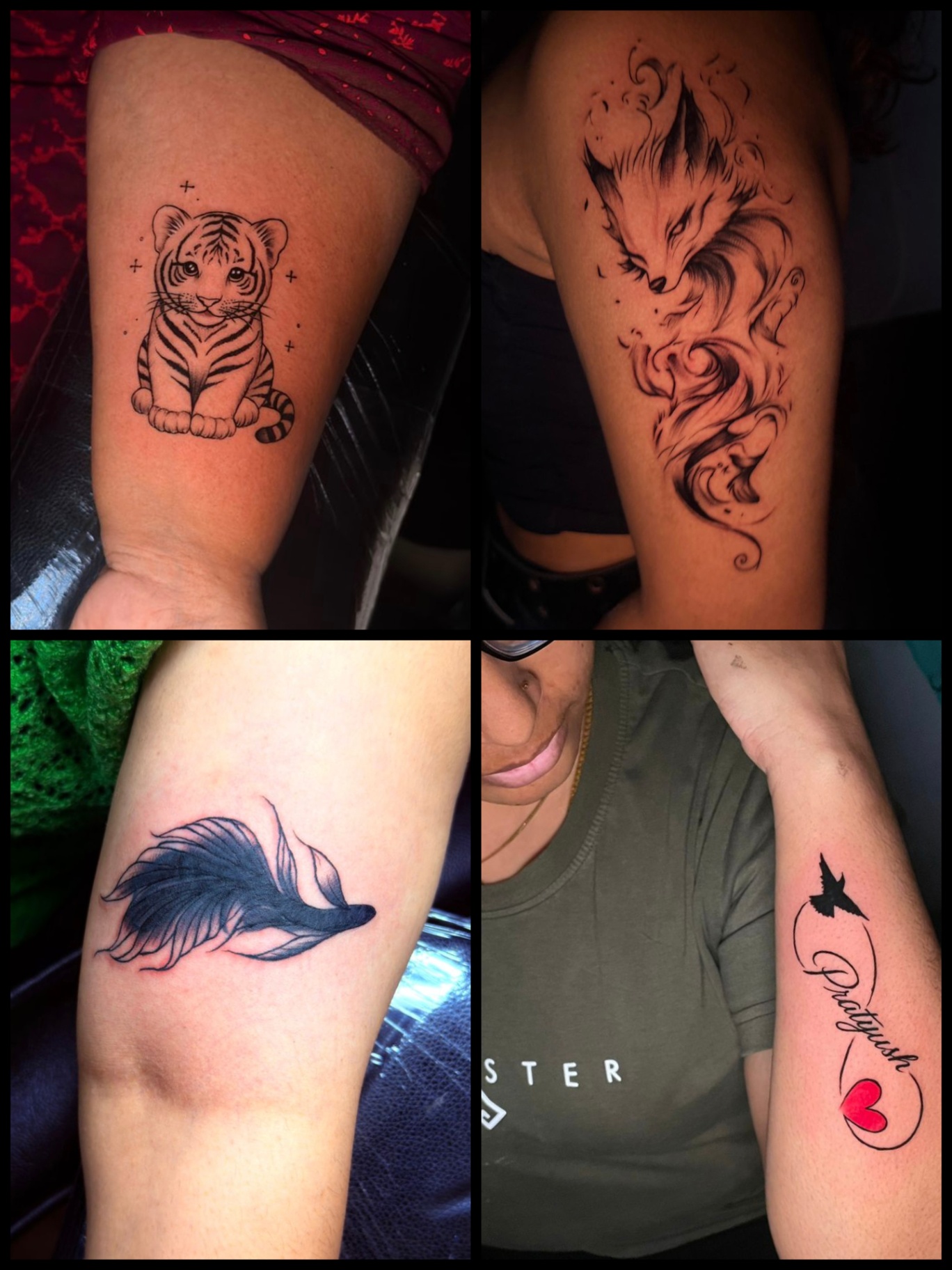 Tiger cub, smoke fox, betta fish and infinity name tattoos