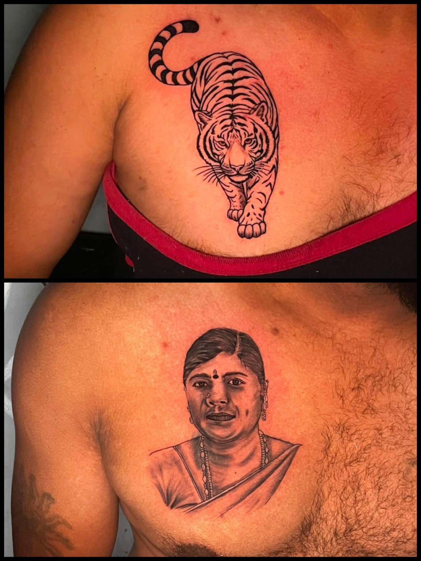 Line-work tiger chest tattoo and a realistic black & grey portrait