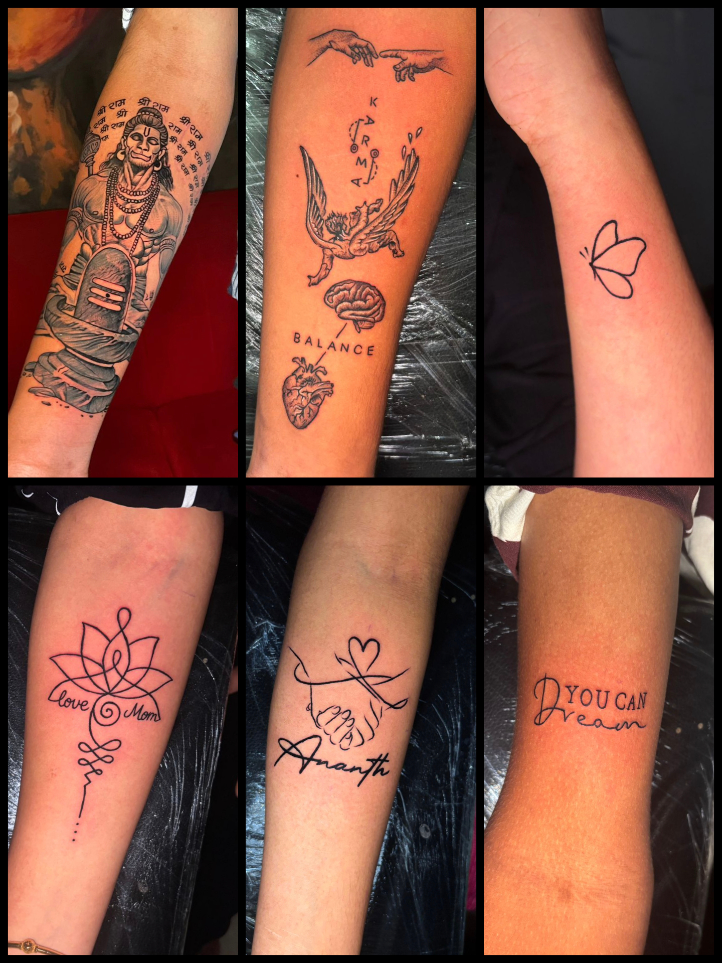 Hanuman sleeve, karma fine-line composition, butterfly and script tattoos