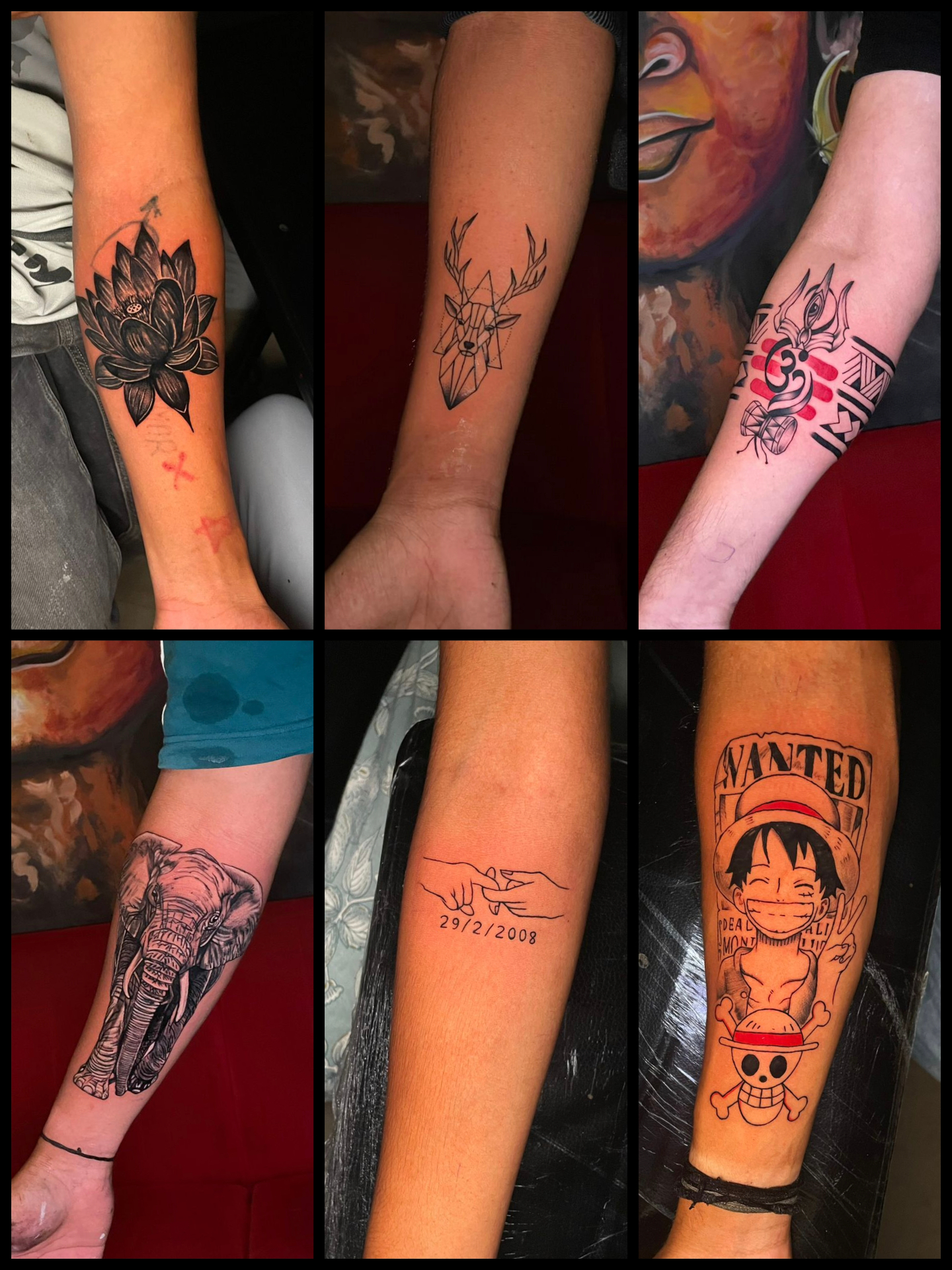 Lotus, geometric deer, armband, elephant, fine-line date and anime forearm tattoos