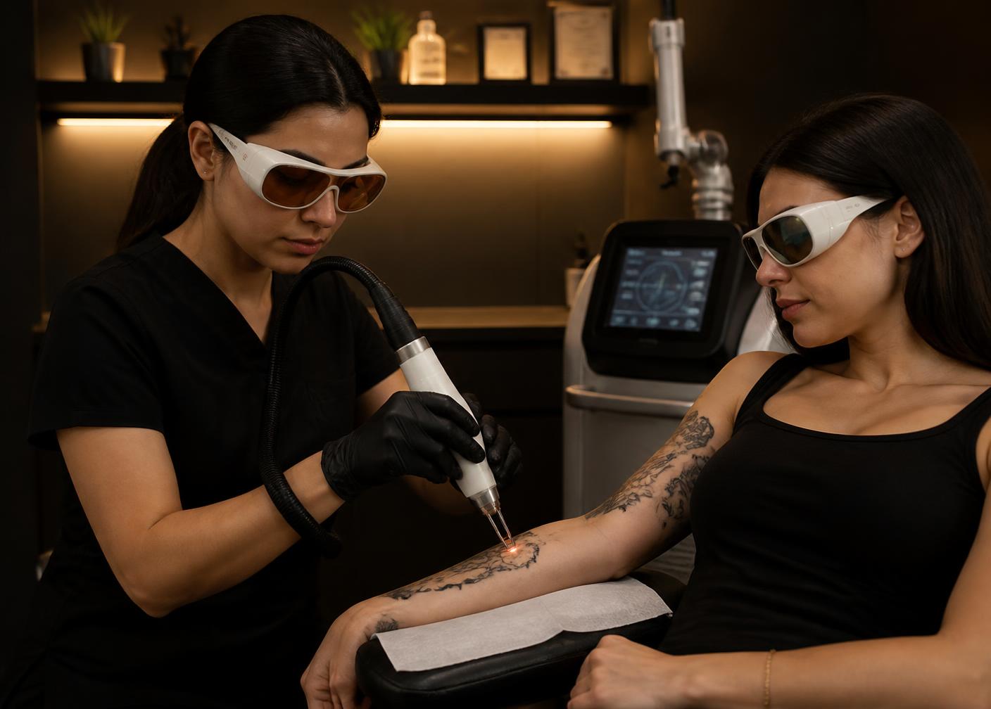 Practitioner carrying out a professional tattoo removal treatment in a clean studio setting