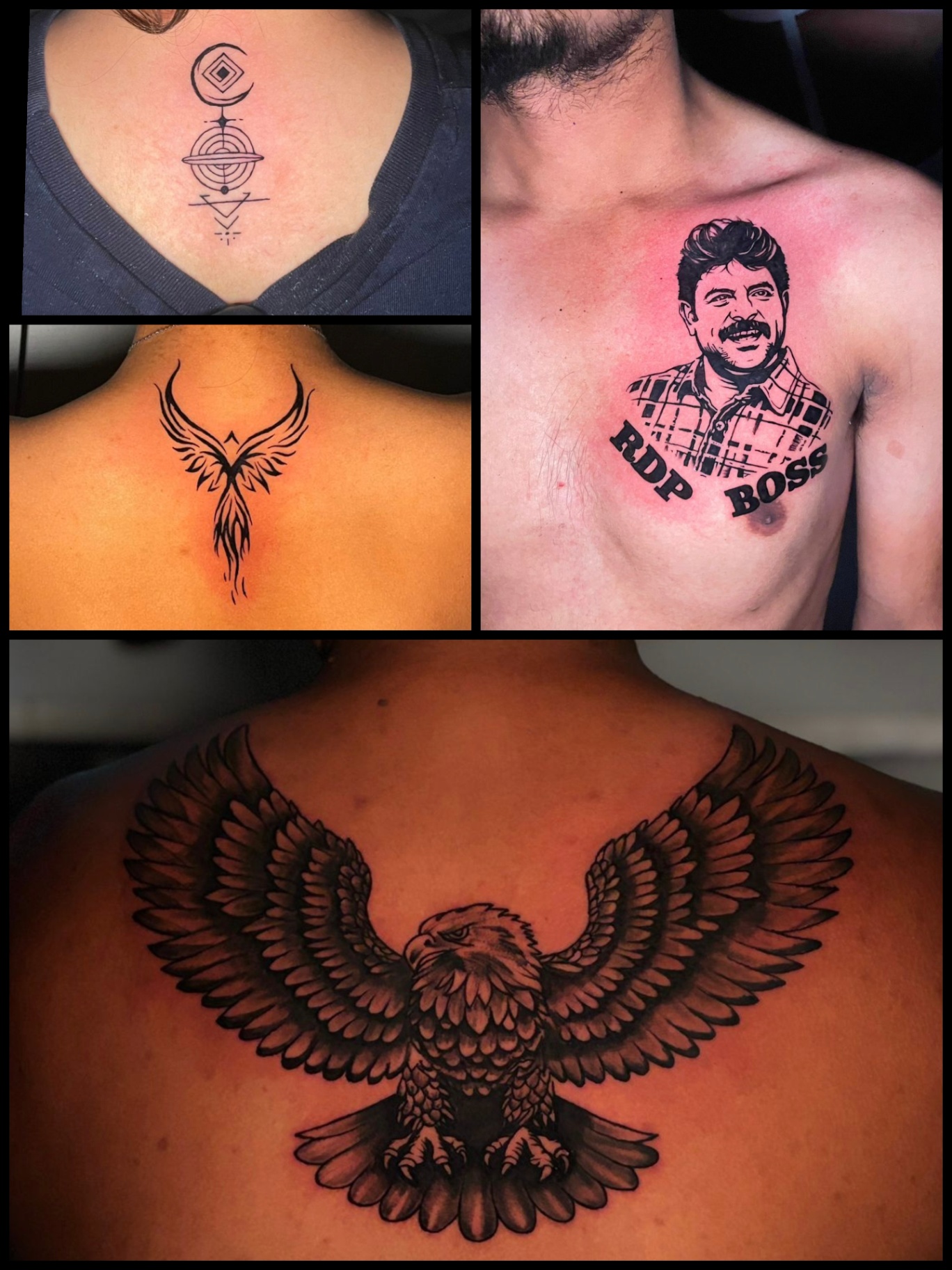 Fine-line geometric, phoenix and portrait tattoos with a shaded eagle back piece