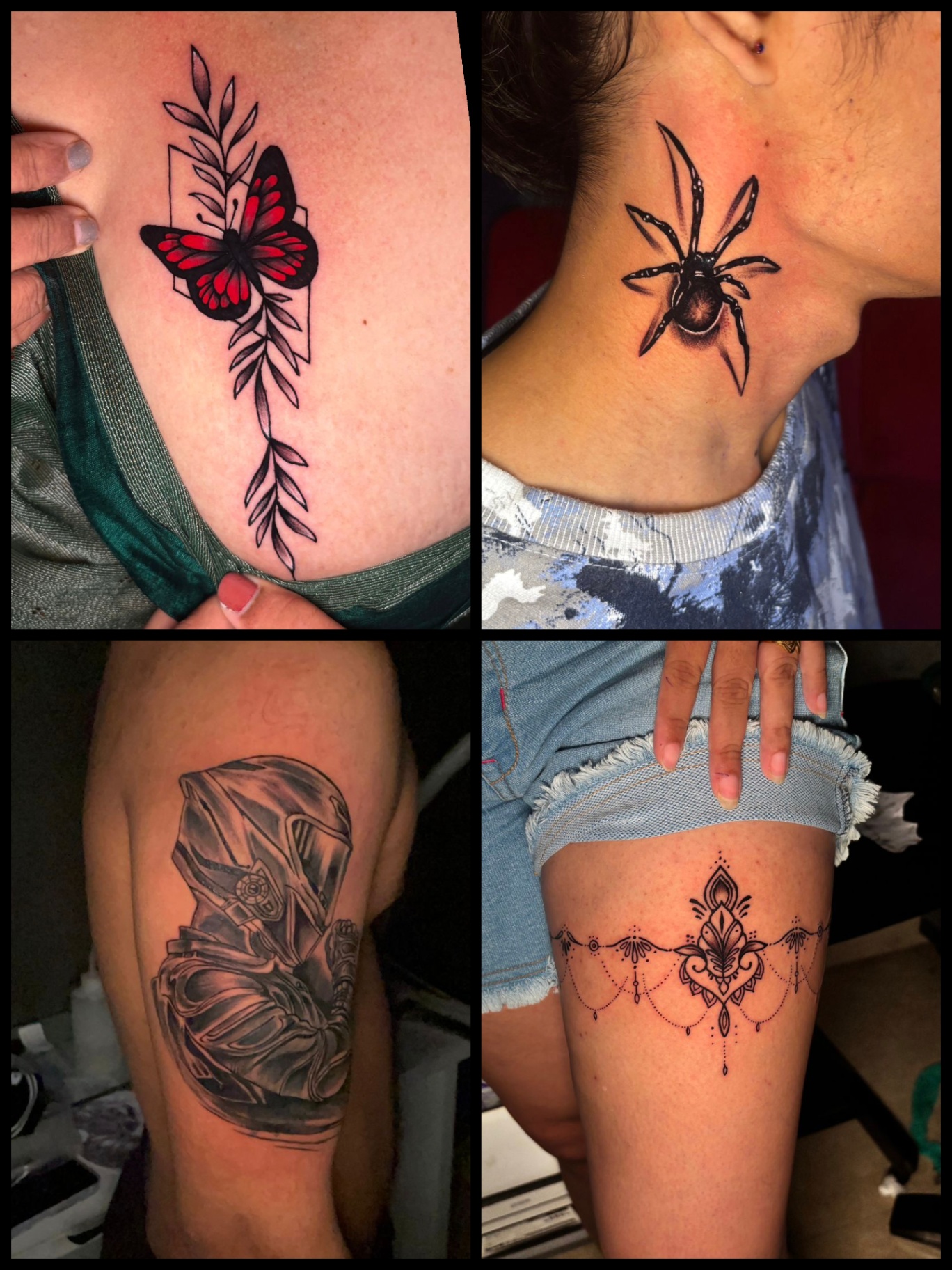 Butterfly, spider, armour and mandala ornament tattoos