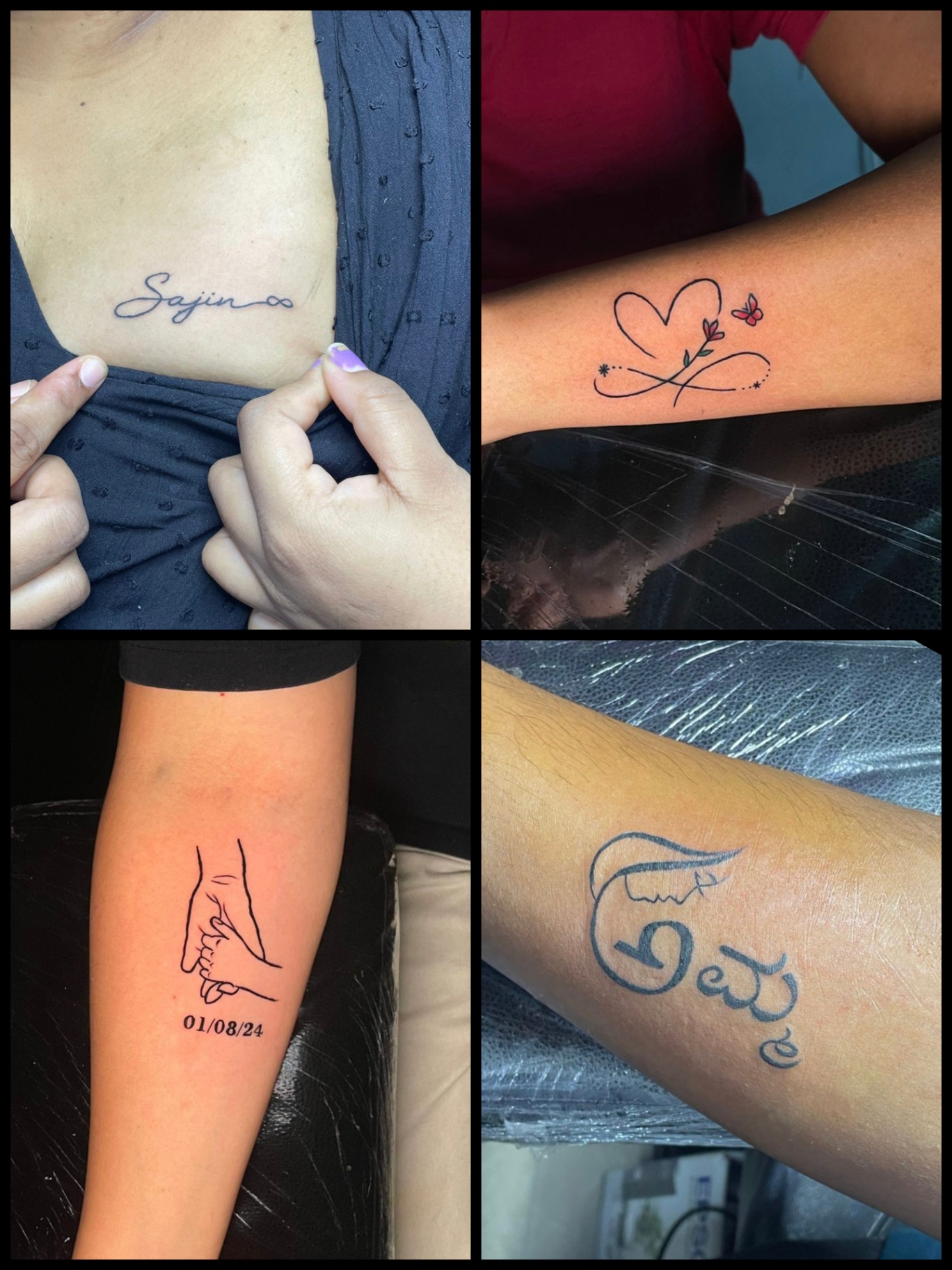 Delicate script name tattoos, infinity heart and Kannada lettering