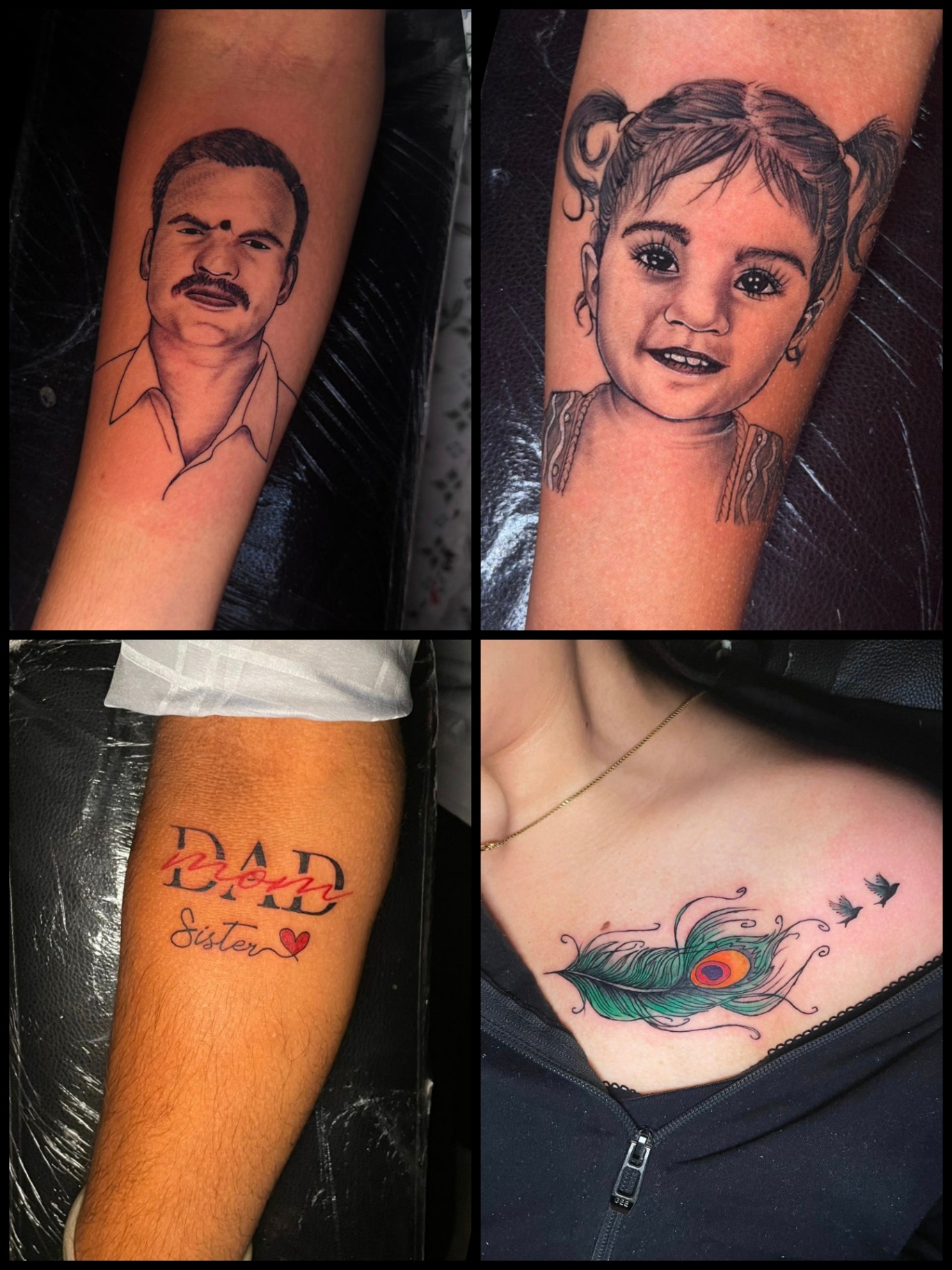 Portrait tattoos, family lettering and a coloured peacock feather tattoo