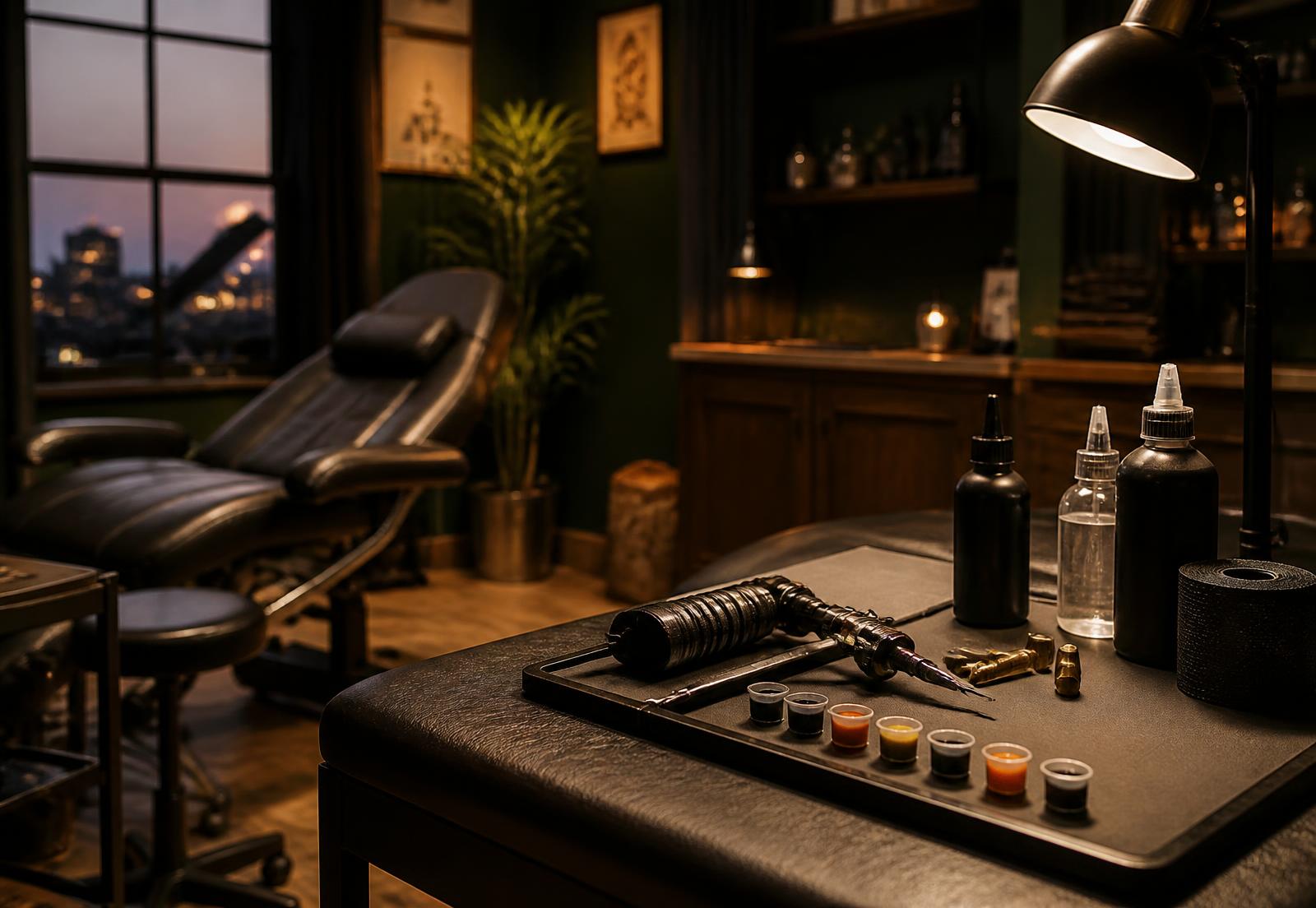 Interior of Pavan Tattoo Studio with warm lighting and a prepared workstation