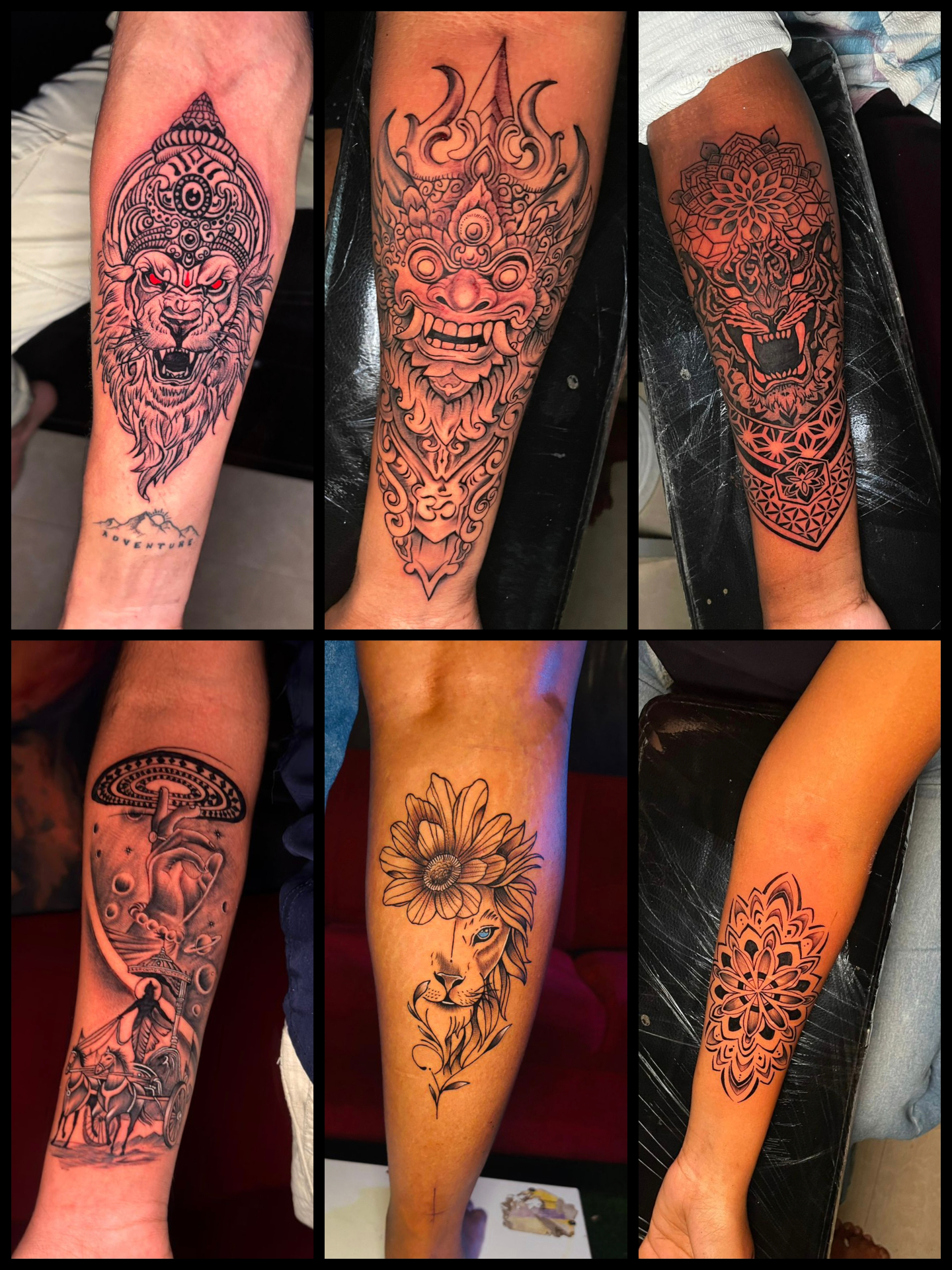 Narasimha, Oni mask, mandala tiger, cosmic sleeve, lion and mandala forearm tattoos