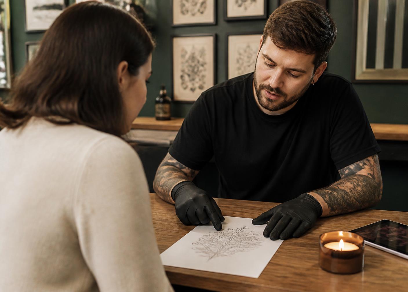 Tattoo artist discussing a hand-drawn design with a client at the studio